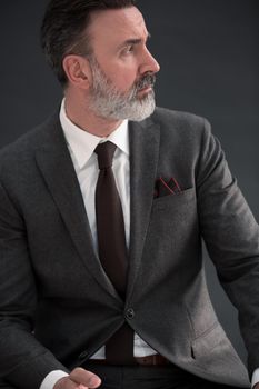 Portrait of adult businessman wearing trendy suit and sitting in modern studio on stylish chair against the black background. Horizontal mockup. High quality photo