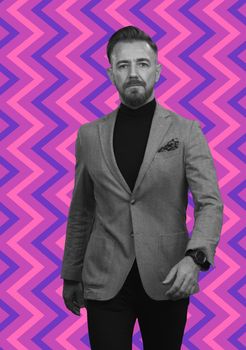 Confident businessman walking forward wearing a causal suit, handsome senior business man hero shot portrait on colorful retro pattern background. High quality photo