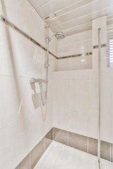 Impeccable bathroom with modern walk-in shower in a luxury home