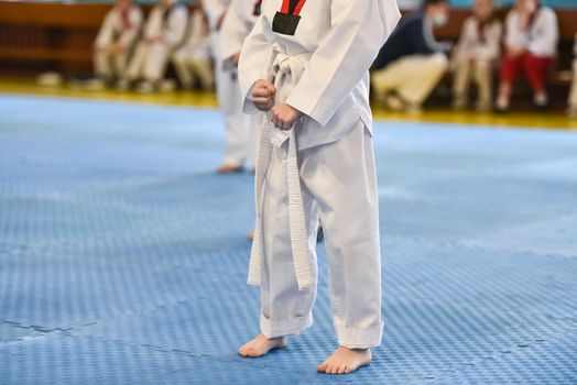 Taekwondo kids. A boy athlete stands in a taekwondo uniform with a white belt during a taekwondo tournament.