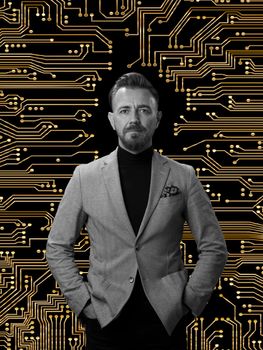 Black and white hero portrait of a elegant senior businessman with a beard and casual business clothes against cryptocurrency blockchain technology pattern design background gesturing with hands.