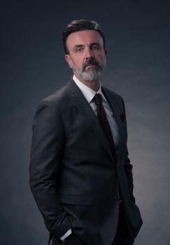 Portrait of a successful stylish elegant senior businessman with a grey beard and casual business clothes confident in photo studio isolated on dark background gesturing with hands. High-quality photo