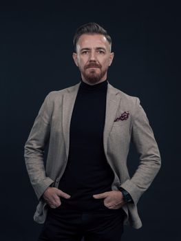 Portrait of a successful stylish elegant senior businessman with a grey beard and casual business clothes confident in photo studio isolated on dark background gesturing with hands. High-quality photo