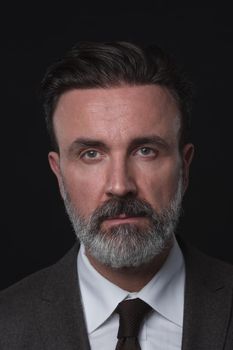 Portrait of a successful stylish elegant senior businessman with a grey beard and casual business clothes confident in photo studio isolated on dark background gesturing with hands. High-quality photo