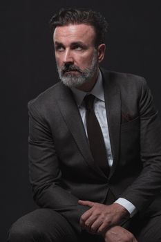 Portrait of adult businessman wearing trendy suit and sitting in modern studio on stylish chair against the black background. Horizontal mockup. High quality photo