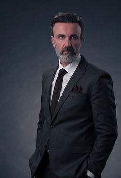 Portrait of a successful stylish elegant senior businessman with a grey beard and casual business clothes confident in photo studio isolated on dark background gesturing with hands. High-quality photo