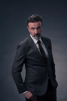 Portrait of a successful stylish elegant senior businessman with a grey beard and casual business clothes confident in photo studio isolated on dark background gesturing with hands. High-quality photo