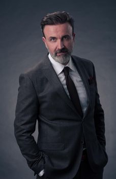 Portrait of a successful stylish elegant senior businessman with a grey beard and casual business clothes confident in photo studio isolated on dark background gesturing with hands. High-quality photo