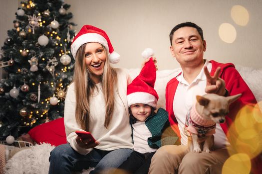 Portrait of happy family with kid son and puppy. Mother in Santa hat, father, child boy and dog in sweater having fun on Christmas holidays at home. Merry Christmas and happy new year.
