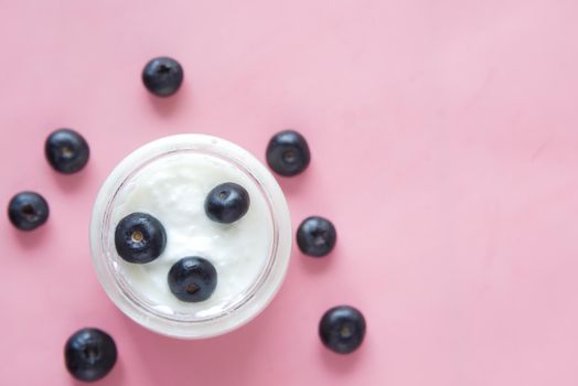 close up of fresh yogurt with blue berry in a bowl .
