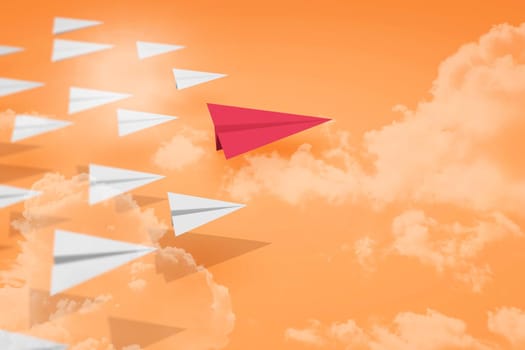 3D Illustration Group of Paper plane with red color team head for business company successful with good leader go forward concept.