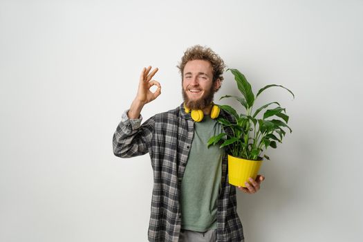 Gesturing OK holding yellow flower pot with plant in it young handsome bearded man dressed in plaid shirt and yellow headphones on his neck isolated on white background. Moving concept.