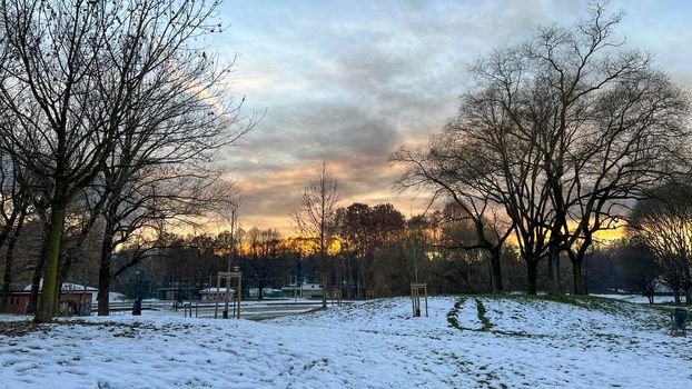 Pellerina park in Turin sunset with snow. High quality photo