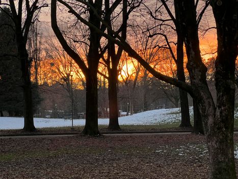 Pellerina park in Turin sunset with snow. High quality photo