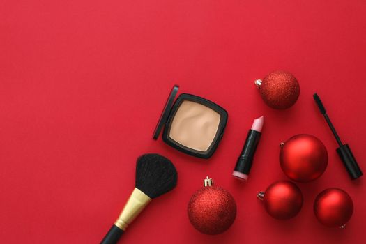 Cosmetic branding, fashion blog cover and girly glamour concept - Make-up and cosmetics product set for beauty brand Christmas sale promotion, luxury red flatlay background as holiday design