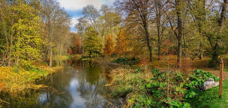 Kamlanka river in the Sofievsky arboretum or Sofiyivsky Park in Uman, Ukraine, on a sunny autumn day