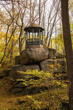 Alcove in the Sofievsky arboretum or Sofiyivsky Park in Uman, Ukraine, on a sunny autumn day