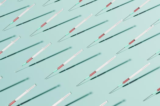 pattern of syringes with red liquid inside and blue background. concept of vaccination and immunization. 3d rendering