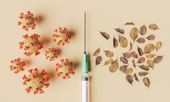 syringe with coronavirus cells and autumn leaves. concept of back to school, autumn vaccination, september and immunization. 3d rendering