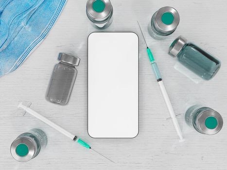 mockup of mobile phone with vaccines and syringes around on a table for COVID pass presentation. concept of travel, vacation, immunization and vaccination. 3d rendering