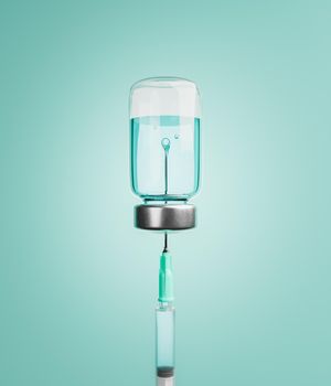 syringe and vaccine canister with bubbles inside on blue background. concept of vaccination and immunization. 3d rendering