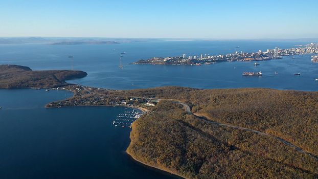 Aerial view of the seascape overlooking the bays of Vladivostok, Russia