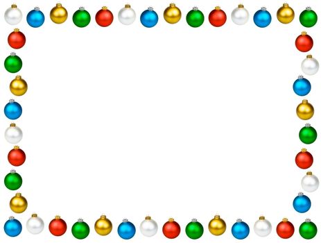 Christmas baubles of different colors frame with white background