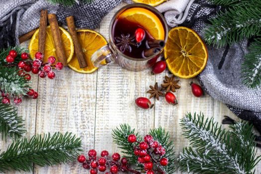 hot mulled wine on a wooden table. New year concept. Christmas
