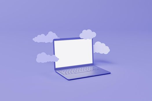 minimal laptop with flat clouds floating around. color of the year 2022 Very Peri. 3d rendering
