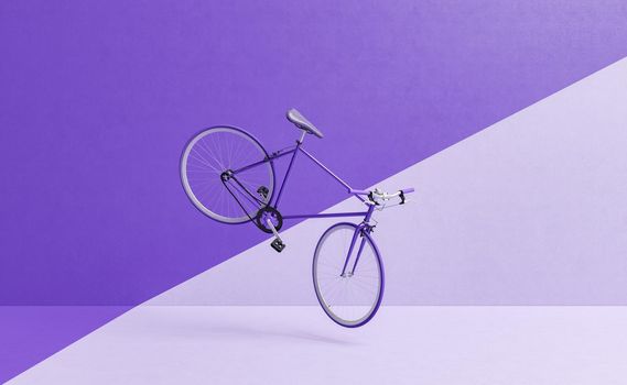 retro bike flying with wall divided into two colors. minimal. color of the year 2022 Very Peri. 3d rendering