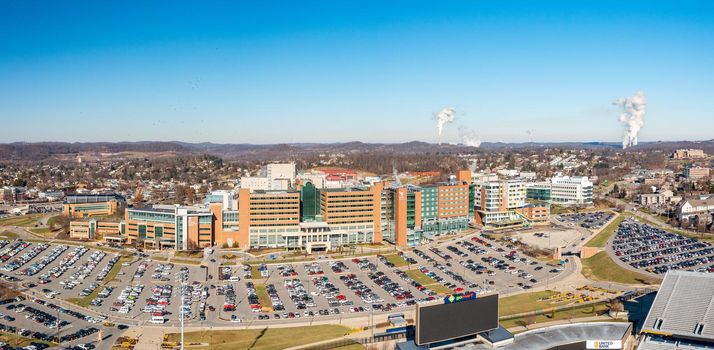 Morgantown, WV - 20 December 2021: Aerial panorama of JW Ruby Memorial Hospital, part of WVU Medicine, in Morgantown