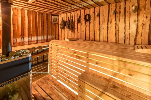 Large standard design classic wooden sauna interior.