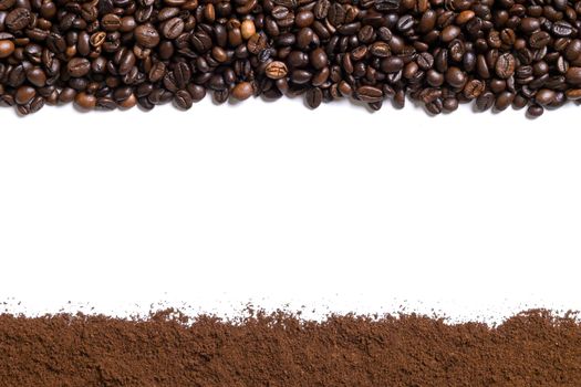 White background with coffee beans and ground coffee on the side. Top view. Still life. Copy space. Flat lay.