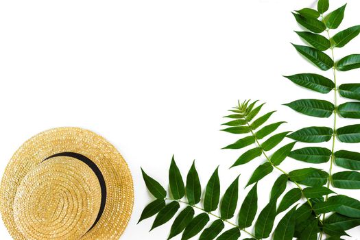 Green leaf branches and straw haton white background. flat lay, top view. Copy space. Still life