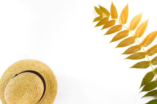 Green leaf branches and straw haton white background. flat lay, top view. Copy space. Still life. Sun Flare