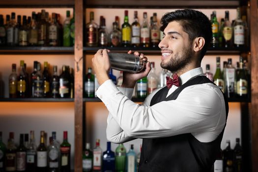 Bartender shaking cocktail shaker in cocktail bar. High quality photo