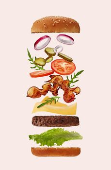 Palatable big burger with flying ingredients against light pink background. Ham, beef cutlet, cheese, vegetables and greens. Cooking, fast food. Unhealthy nutrition. Close up, copy space