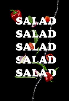 Ripe whole and halves tomatoes, red bell pepper, sliced onion, green basil and arugula leaves poured by a water stream. Inscription salad by white color on black background. Close up, copy space