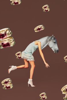 Contemporary art collage. Concept woman with horse head. Modern style pop art zine culture concept