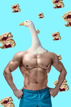 Athletic man in sport clothes with goose head. Sports concept on the theme of comics and сontemporary art collage.