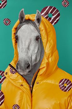 Contemporary art collage. Concept woman with horse head. Modern style pop art zine culture concept