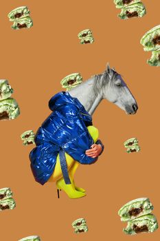 Contemporary art collage. Concept woman with horse head. Modern style pop art zine culture concept