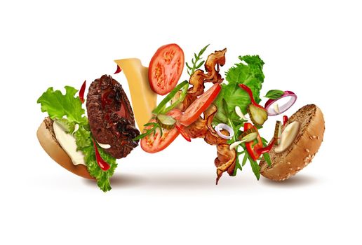 Delicious burger with flying ingredients isolated on white background. Ham, beef cutlet, cheese, mayonnaise, ketchup, vegetables and greens. Cooking, fast food. Close up, copy space