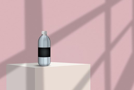 Transparent plastic bottle with black blank label for your inscriptions or images is standing on a white cube or table against a pink wall with shadows from the window. Mockup. Copy space, close-up.