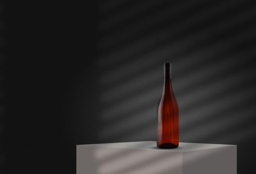 Red glass bottle is standing on a white cube or table against a gray wall with shadows from the window. Mockup. Copy space, close-up.