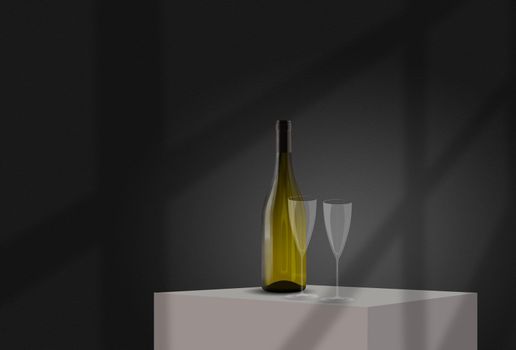 Green glass bottle and two glasses standing on a white cube or table against a gray wall with shadows from the window. Mockup. Copy space, close-up.