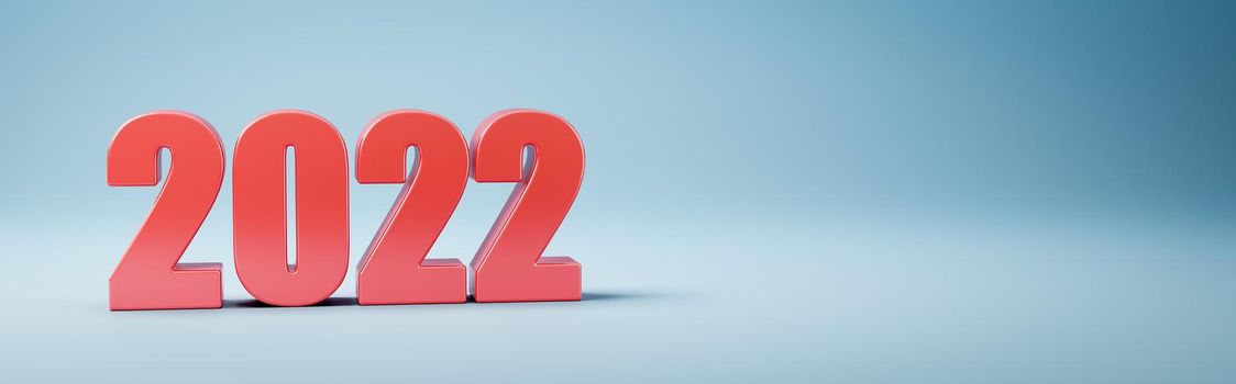 Red 2022 Year Number 3D Text on Blue Background with Copy Space 3D Illustration