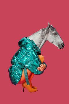 Contemporary art collage. Concept woman with horse head. Modern style pop art zine culture concept
