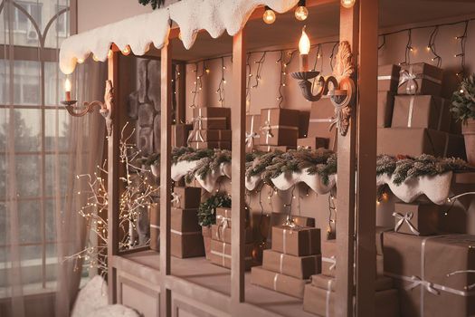 Christmas gift boxes inside of a wooden cupboard. Retro toned