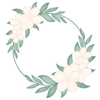 Round frame with delicate flowers and leafy twigs. Circular floral botanical wreath. Rim template for invitation, postcard or congratulations